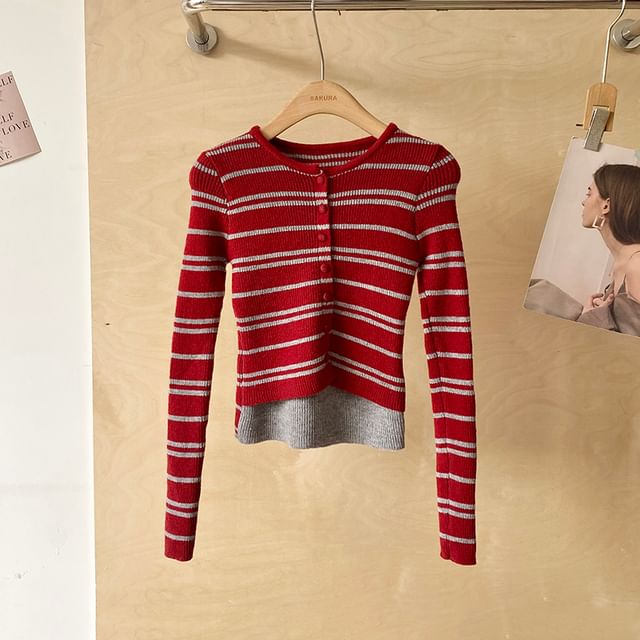 Striped Mock Two-Piece Crewneck Knit Top