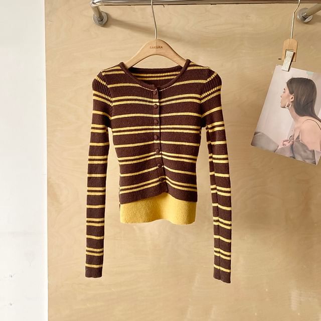 Striped Mock Two-Piece Crewneck Knit Top