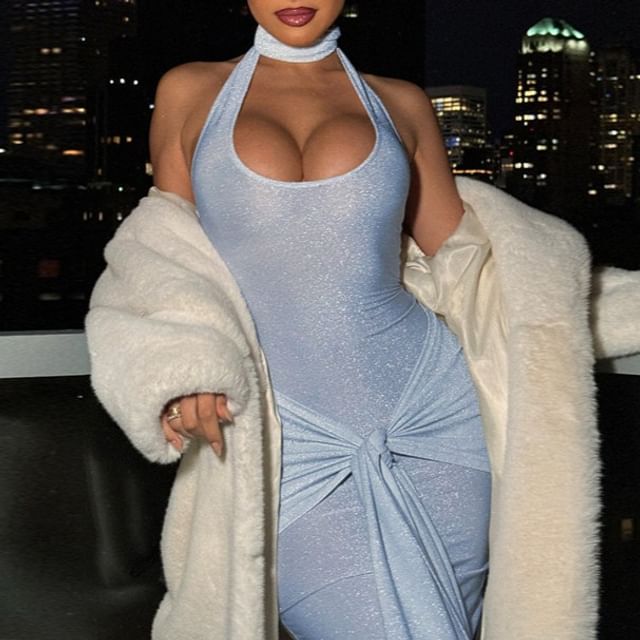 Halter Plain Glitter Knotted Maxi Sheath Cocktail Dress