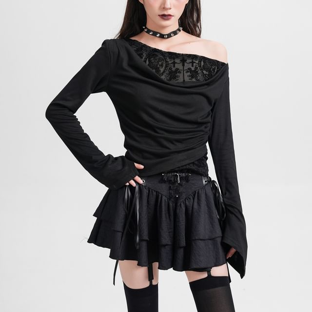 Off-Shoulder Ruched Crop Top with Lace Panels