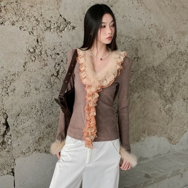 Ribbed Knit V-Neck Top with Lace and Fluffy Trim