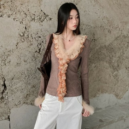 Ribbed Knit V-Neck Top with Lace and Fluffy Trim