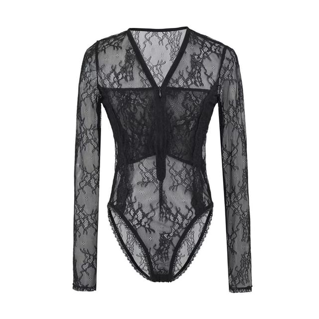 Half-Zip Lace Bodysuit Top with V-Neck