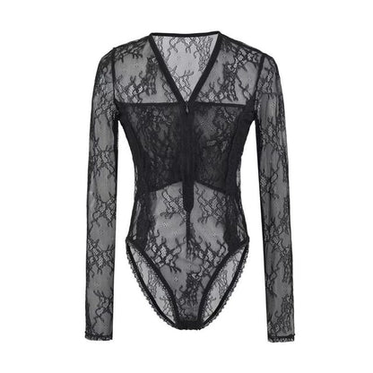 Half-Zip Lace Bodysuit Top with V-Neck