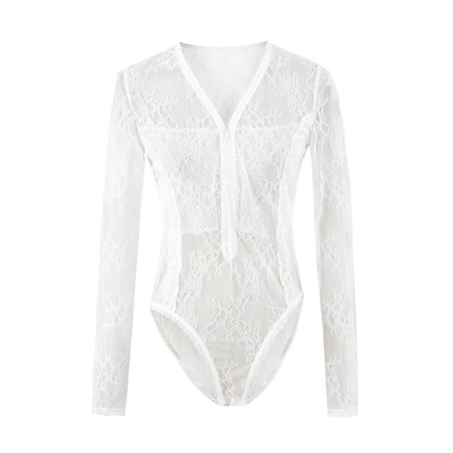 Half-Zip Lace Bodysuit Top with V-Neck