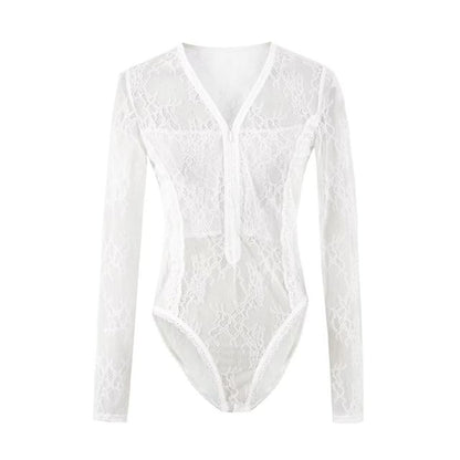 Half-Zip Lace Bodysuit Top with V-Neck