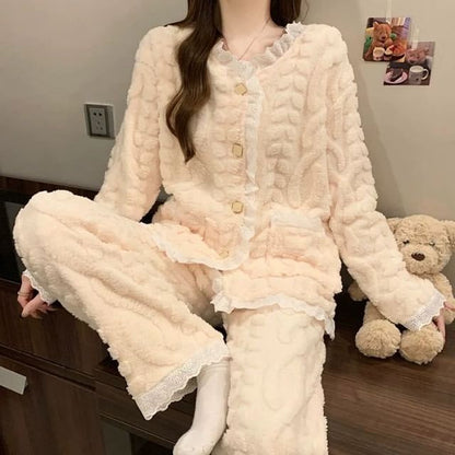 Lace Trim Pajama Set: Top and Pants