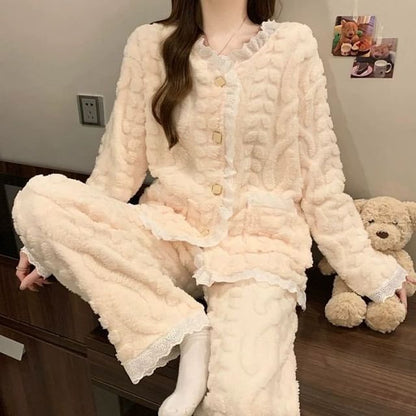 Lace Trim Pajama Set: Top and Pants