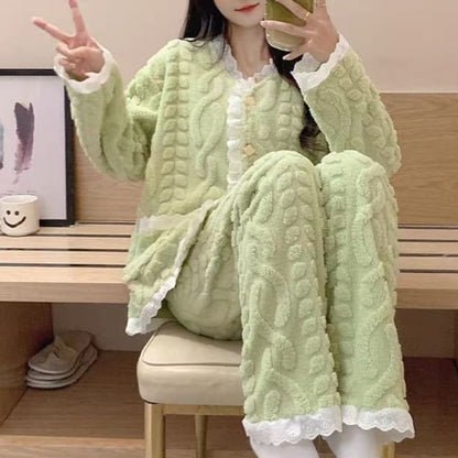 Lace Trim Pajama Set: Top and Pants