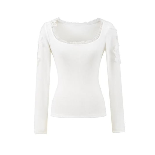 Frill Trim Scoop Neck Lace Crop T-Shirt