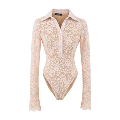 Collared Half-Button Lace Bodysuit Top