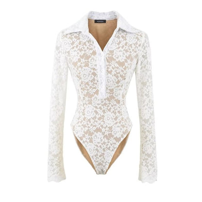 Collared Half-Button Lace Bodysuit Top