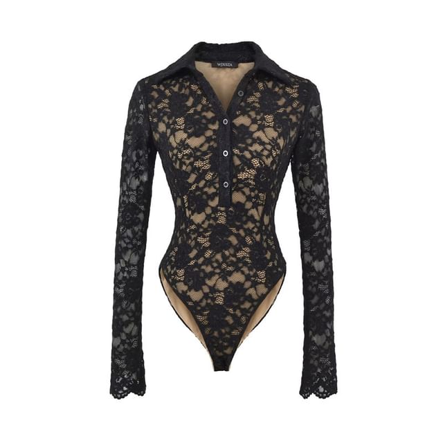Collared Half-Button Lace Bodysuit Top