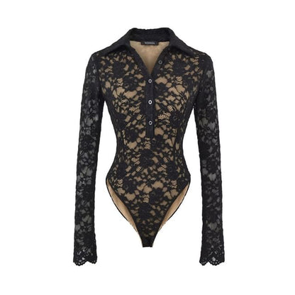 Collared Half-Button Lace Bodysuit Top