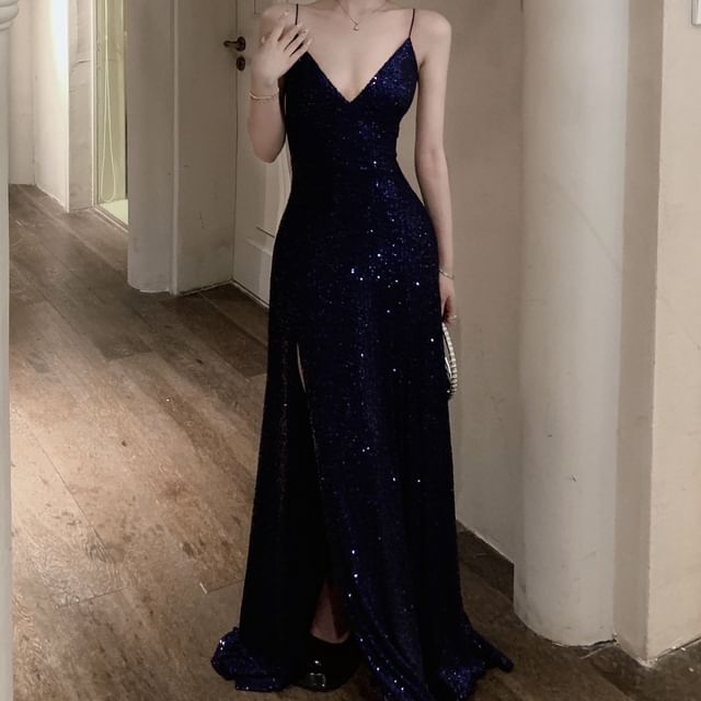 Spaghetti Strap Sequin A-Line Evening Gown