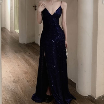 Spaghetti Strap Sequin A-Line Evening Gown