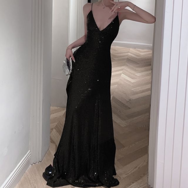 Spaghetti Strap Sequin A-Line Evening Gown