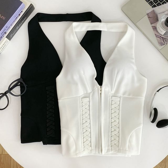 Zip-Up Halter Neck Lace Crop Top