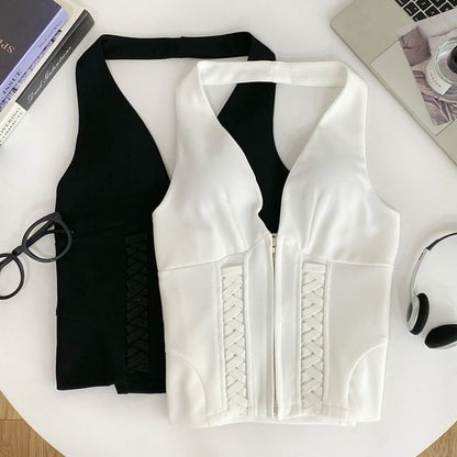 Zip-Up Halter Neck Lace Crop Top