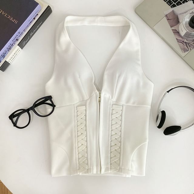 Zip-Up Halter Neck Lace Crop Top