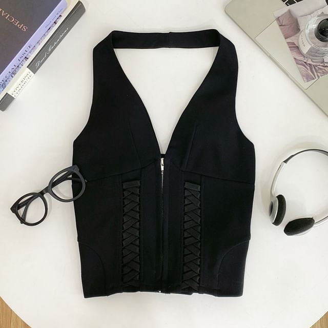 Zip-Up Halter Neck Lace Crop Top