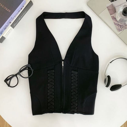 Zip-Up Halter Neck Lace Crop Top