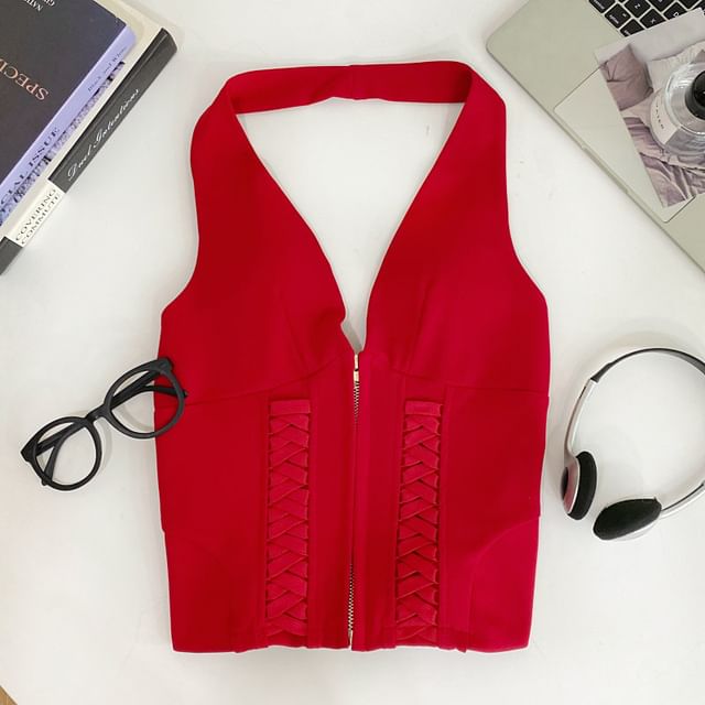 Zip-Up Halter Neck Lace Crop Top