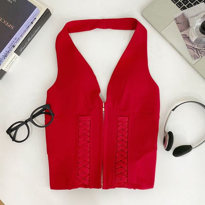 Zip-Up Halter Neck Lace Crop Top