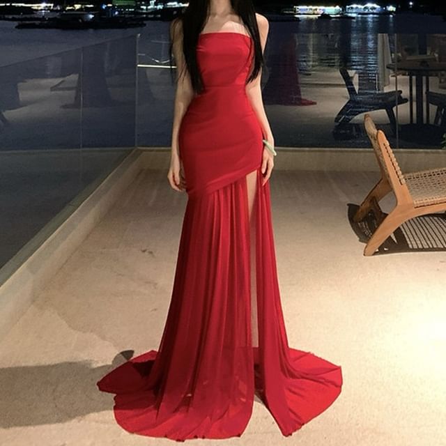 Strapless Asymmetrical Plain Trained Mermaid Evening Gown