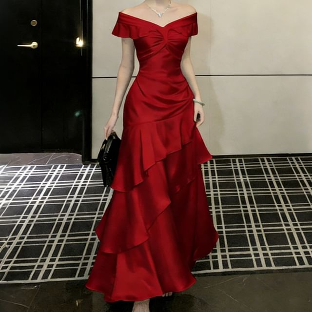 Off Shoulder Ruffle Plain A-Line Evening Gown