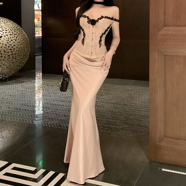 Off Shoulder Lace Corset Top and Maxi Skirt Set