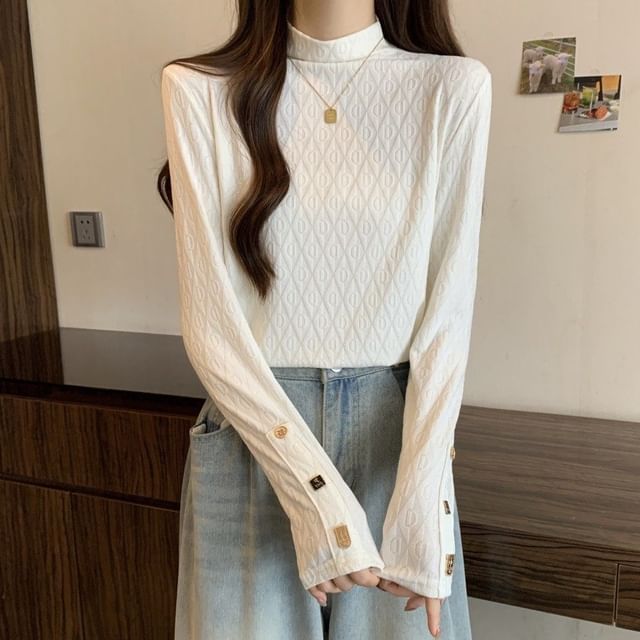 Textured Mock Neck Long Sleeve Pullover in Solid Tone