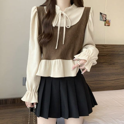 Ruffle Blouse with Tie-Neck and Long Sleeves