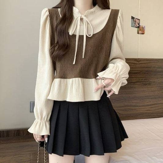 Ruffle Blouse with Tie-Neck and Long Sleeves