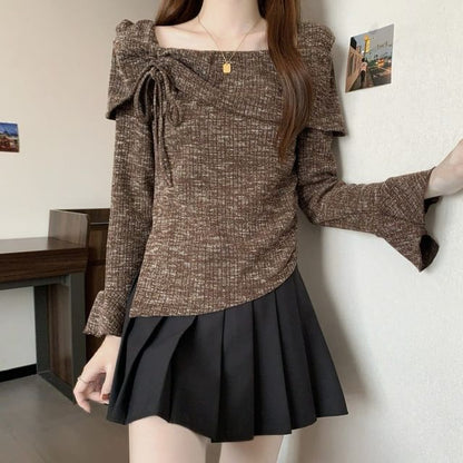 Drawstring Boat Neck Melange Top with Asymmetric Cut