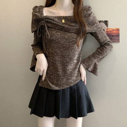 Drawstring Boat Neck Melange Top with Asymmetric Cut
