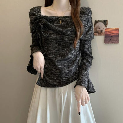 Drawstring Boat Neck Melange Top with Asymmetric Cut