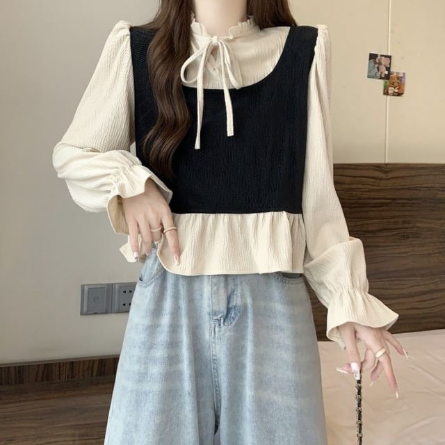 Ruffle Blouse with Tie-Neck and Long Sleeves