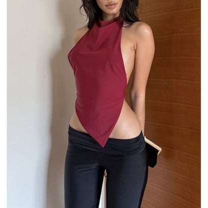 Open-Back Asymmetric Halter Tank in Solid Hue