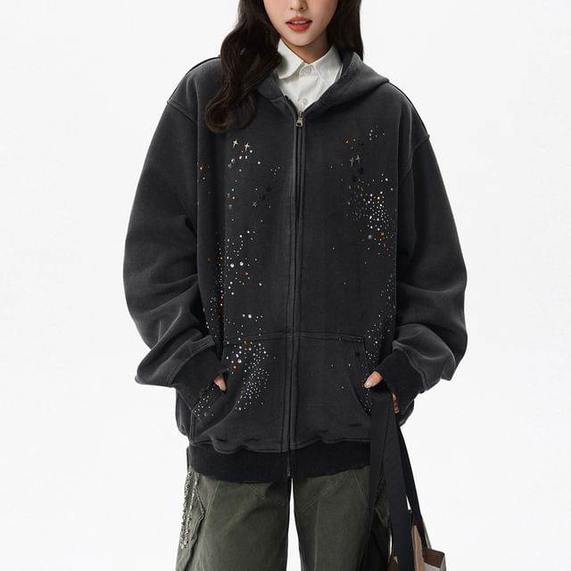 Rhinestone-Trim Zip Hoodie