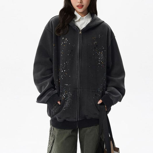 Rhinestone-Trim Zip Hoodie