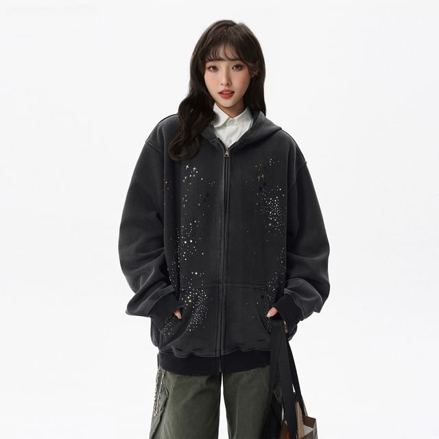 Rhinestone-Trim Zip Hoodie