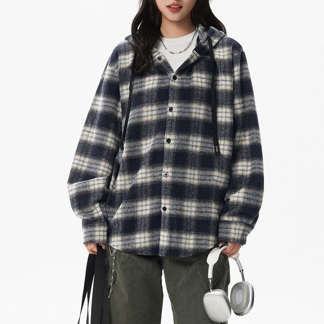 Plaid Button-Up Hooded Shirt Jacket