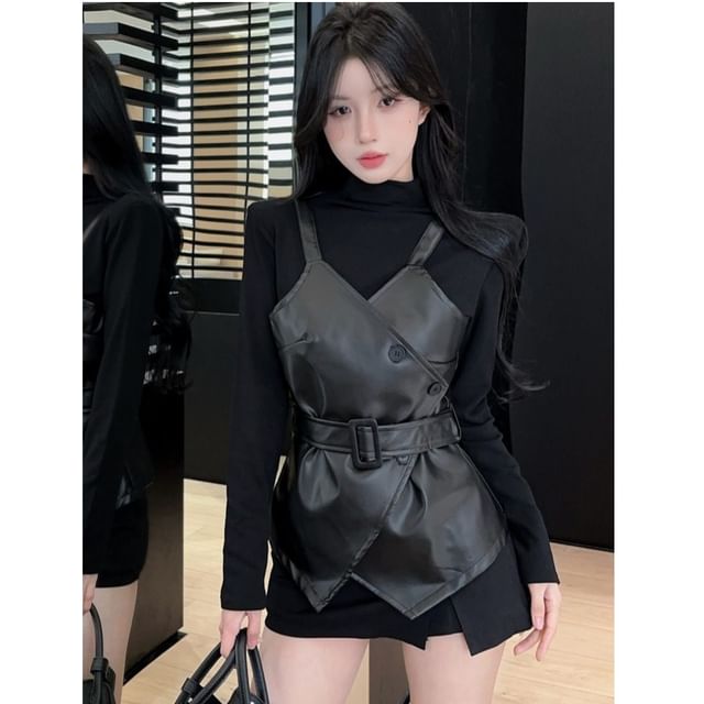 Mock Neck Top and Faux Leather Belted Vest Set
