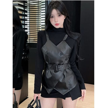 Mock Neck Top and Faux Leather Belted Vest Set