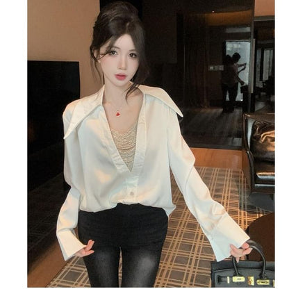 Beaded Pointed Collar Long Sleeve Shirt