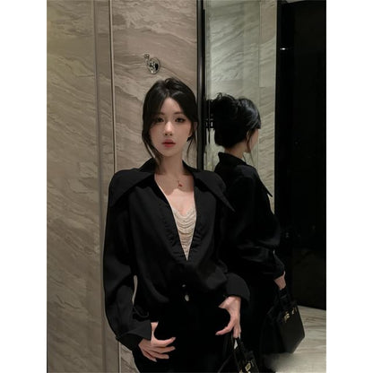 Beaded Pointed Collar Long Sleeve Shirt