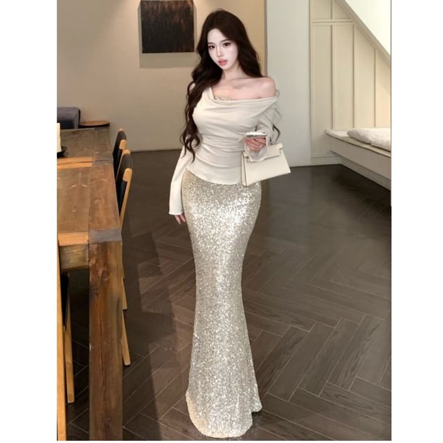 Cowl-Neck Two-Piece Top with Sequin Pencil Skirt