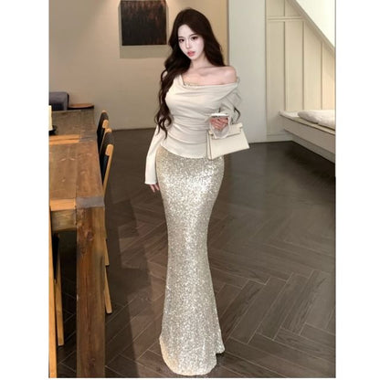Cowl-Neck Two-Piece Top with Sequin Pencil Skirt