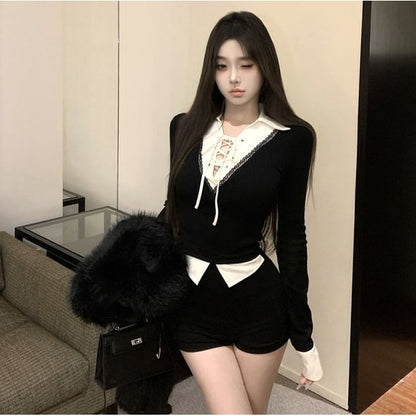 Collared Lace-Up Long Sleeve Top